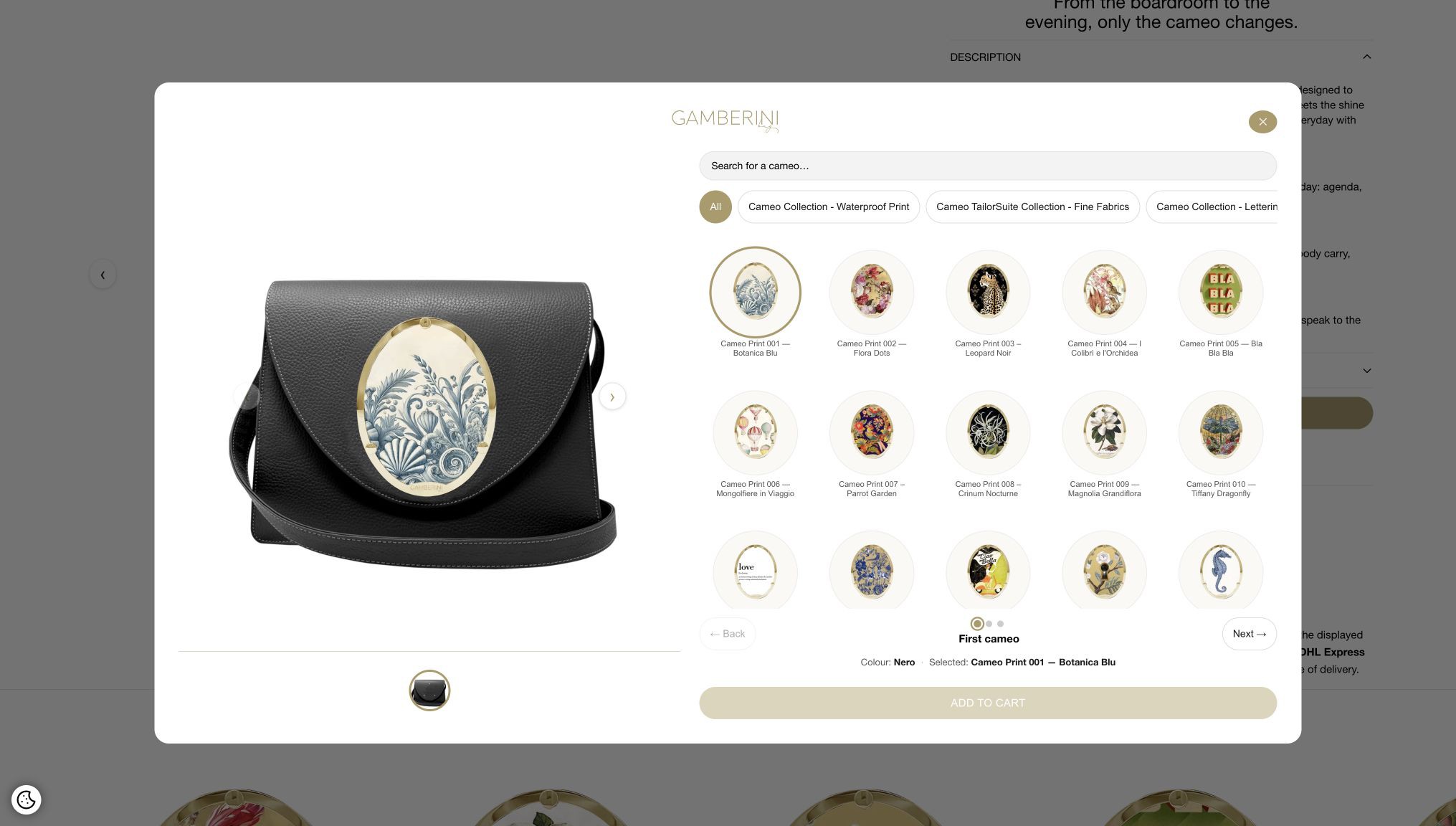 Gamberini Bag Shopify store product customization example — apparel & accessories with custom built and material choice