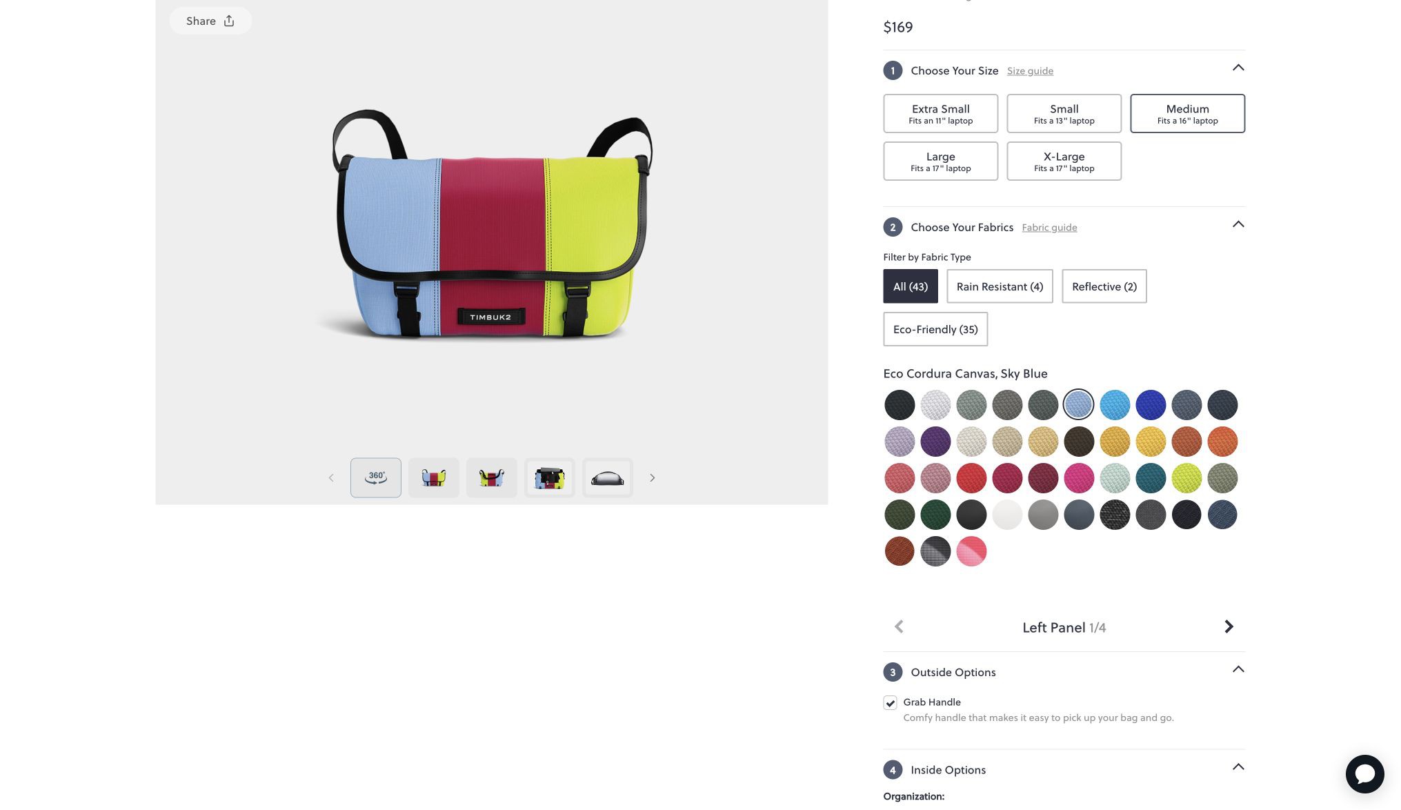 Timbuk2 Shopify store product customization example — apparel & accessories with custom built and material choice